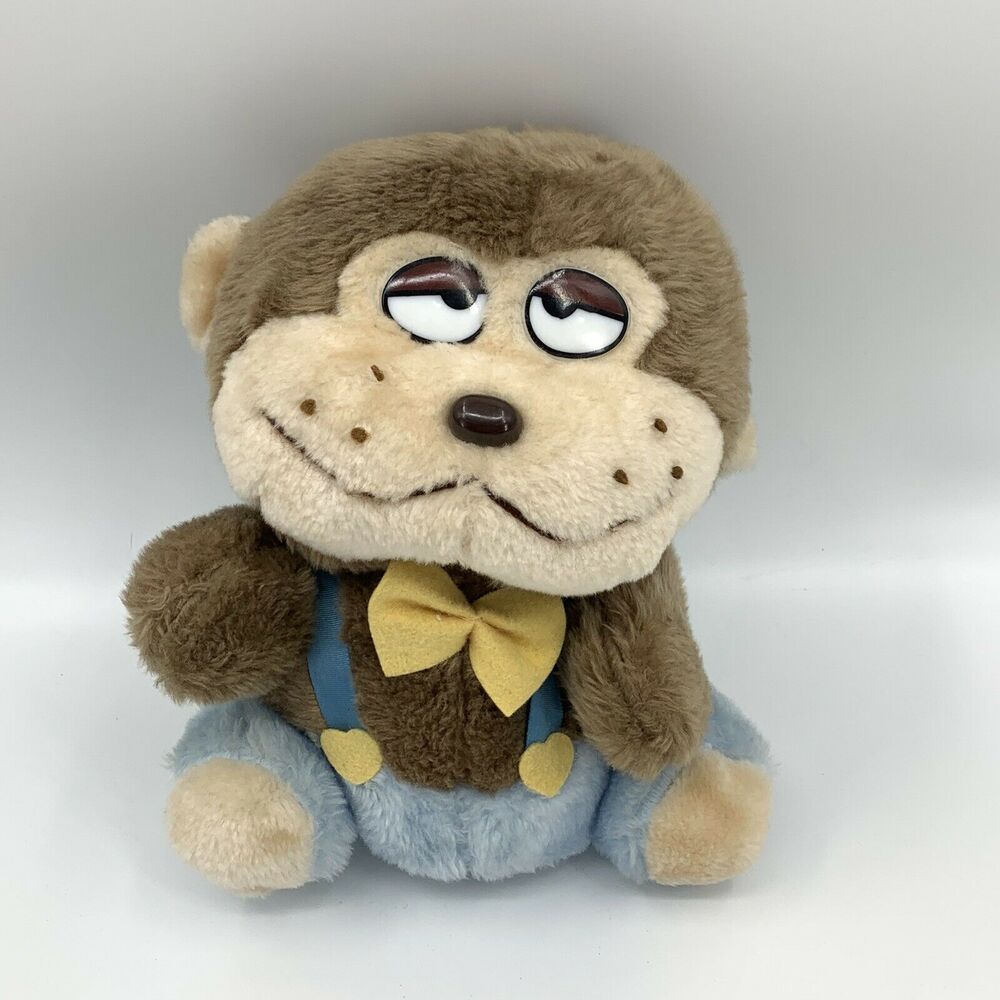 Vintage MTY International Brown Tan Monkey Plush Blue Suspenders Yellow Bow